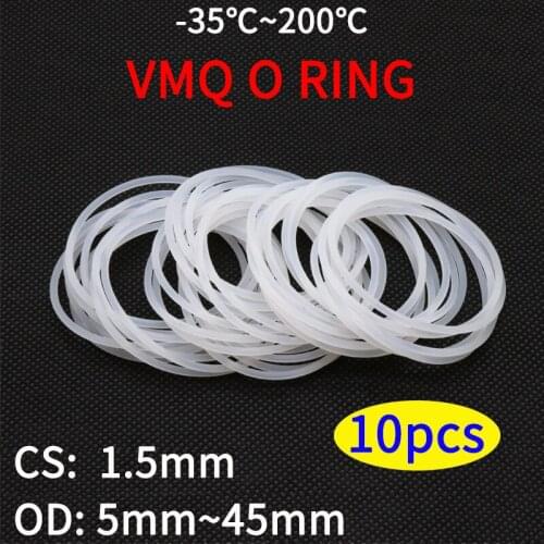 10pcs VMQ O Ring Seal Gasket Thickness CS 1.5mm OD 5~ 45mm Silicone Rubber Insulated Waterproof Washer Round Shape White Nontoxi