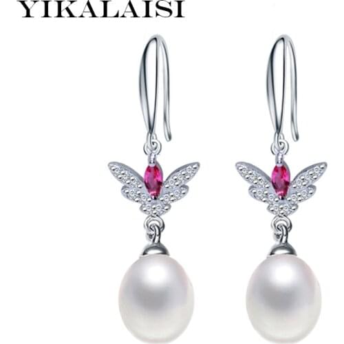 YIKALAISI 925 sterling Silver Natural Freshwater Pearl zircon Long Earrings Jewelry For Women 8-9mm Drop Shape Pearl 4 Colour