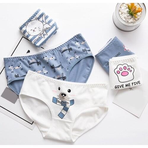 Girls Soft Mid Waist Briefs Breathable Cute Underpants Women Panties Cotton Lovely Cartoon Printed Cute Cats Ladies Underwear