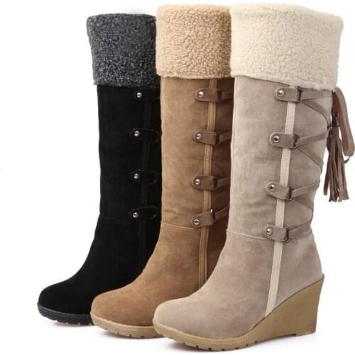 Shoes For Women Knee-High Boots Snow Boots Winter Warm Fur wedge Thick Bottom Black Boots Shoes Female Shoes Plus Size 35-43