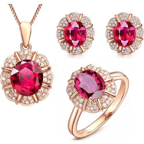 MOONROCY Rose Gold Color CZ Crystal Red Crystal Earring and Ring Necklace Wedding Jewelry Set Flower for Women Gift Dropshipping