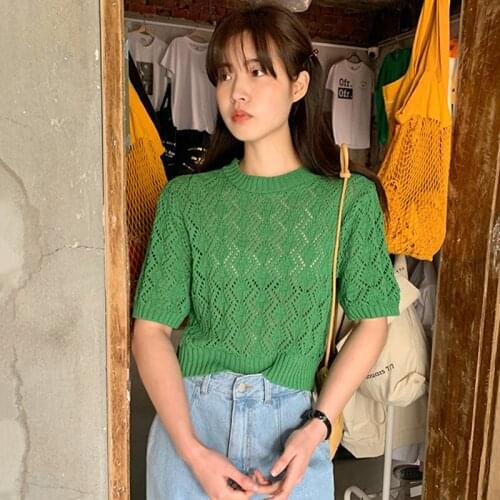 South Korea Chic Summer Western Style All-match White Round Neck Pullover Hollow Thin Puff Sleeve Knit Sweater Top Women