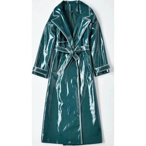 2021 Autumn Winter Fashion Long Leather Coat Trench High Quality PU Leather Women Adjustable Belt Patchwork Casual Overcoats