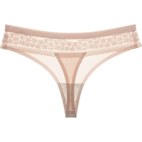 Women underwear sexy transparent hollow embroidery lace ice silk low waist seamless briefs girl thongs femme plus panties M L XL