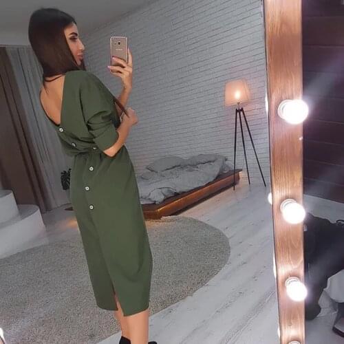 Women Vintage Back Button Sashes Straight Dress Half Sleeve Sexy V necK Solid Elegant Casual Dress 2020 Autumn New Fashion Dress
