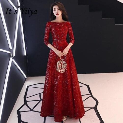 Its YiiYa Evening Dress Full Sequins Shining O-neck Half Sleeve Formal Dresses Women Vintage Wine Red Long Party Gown E091