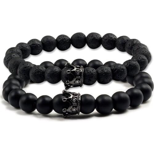 2pcs/set Fashion Couple Distance Bracelet Charm CZ Crown Zircon Women Men Natural Stone Black Lava Beads Bracelet Casual Jewelry