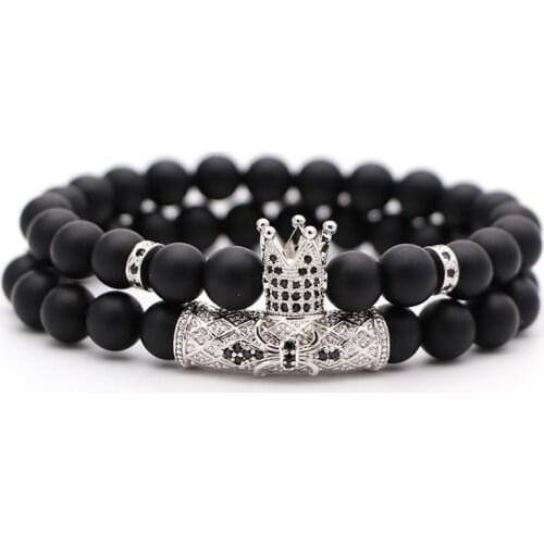 2Pcs/Set Natural Stone 4 Style Bead Man Bracelets Popular Pave CZ Small Crown and Ball Bracelet Classic Matte Black Jewelry