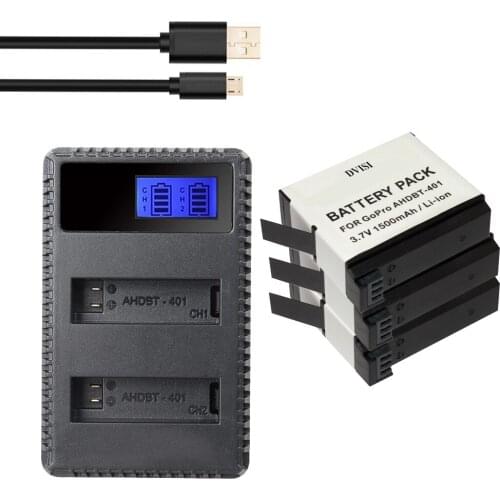 3Pcs DVISI AHDBT-401 AHDBT 401 AHDBT401 HERO 4 Replacement Battery + USB Dual LCD Home Charger for for GO PRO HERO4 AMKOV 7000S