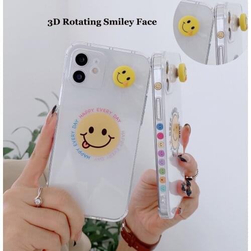 3D Rotating Cartoon Smiley Face Square Phone Case For iPhone 11 12 Pro Max XR XS Max 7 8 Plus Soft TPU Clear Side Pattern Cover