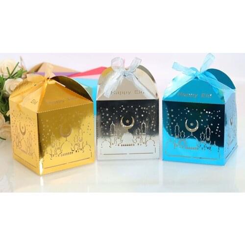50pcs Eid Mubarak Candy Boxes Ramadan Kareem Islamic Favor Gift Box Muslim Festival With Ribbon al-Fitr Eid Packing Party Boxes