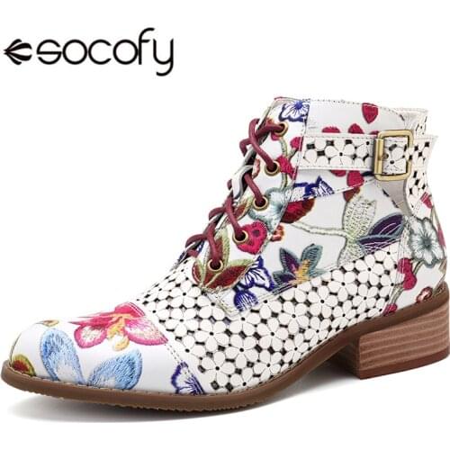 Socofy Retro Bohemian Women Boots Printed Genuine Leather Ankle Boots Vintage Motorcycle Booties Ladies Shoes Woman 2020