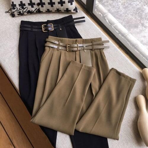 Elegant Formal High Waist Straight Ankle-Length Pants Women Bottom 2021 New Spring OL Solid Fashion Loose Suit Trousers Female