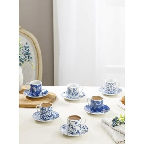 Porcelain 6 Piece Coffee Cup And Plate Set Navy Blue Turkish coffee Cup Sets