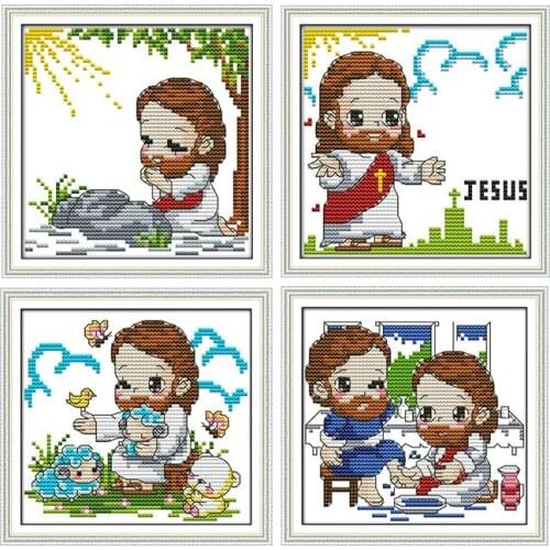 Joy Sunday Cross Stitch Kits Cute Jesus Cartoon Paintings 11CT 14CT DIY Needlework Sets DMS Pattern Embroider Kits