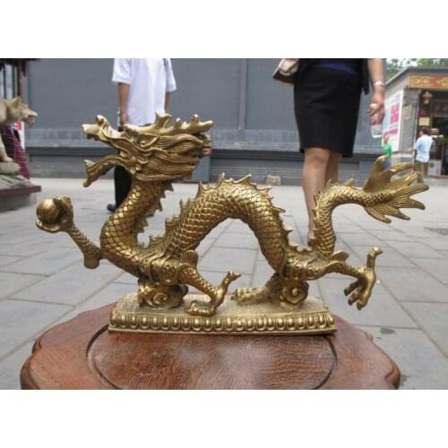 Chinese Royal exquisite Pure Brass Dragon play bead art sculptue