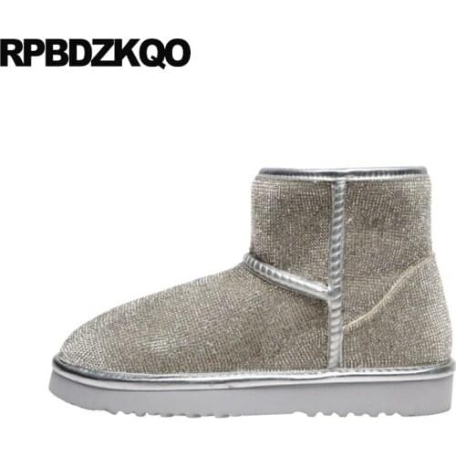 Fur Round Toe Diamond Warm Booties Winter Snow Boots Women Ankle Flat Silver Short 2021 Slip On Shoes Rhinestone High Quality