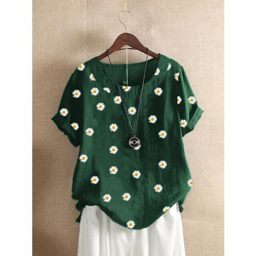 New Summer Womens Clothing Daisy O-Neck Short-Sleeved Casual Plus Size Womens Clothing Floral Print T-Shirt Women
