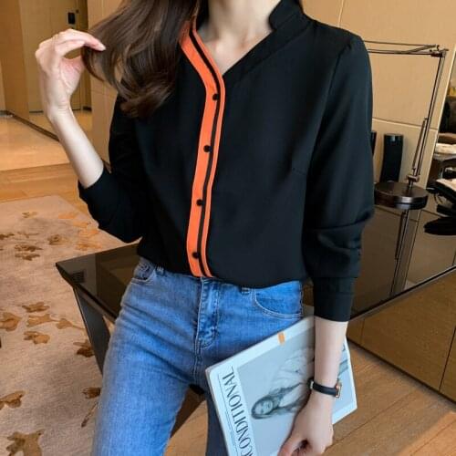 Chikichi 2021 Spring and Autumn New Fashion Stitching V-neck Chiffon Shirt Womens Long-sleeved Ladies Tops