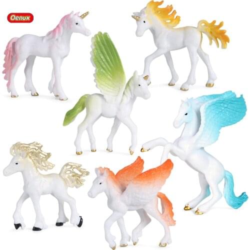Oenux 6PCS Fairy Tale Fly Horse Elves Simulation Animal Mythical Elf Pegasus Action Figures Model PVC Educational Cute Kids Toy