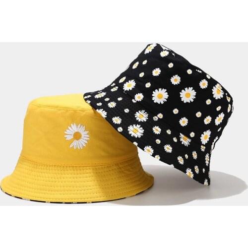 Small Daisy Fisherman Hat for Men Reversible Bucket Hat Summer Hiking Hat Joker Printing Sun Protection Hat Unisex Panama Cap