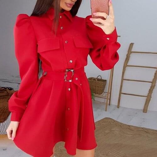 Women Puff Sleeve Fashion Belt Dress Ladies Turn Down Collar a Line Mini Party Dress 2021 New Spring High Waist Casual Solid