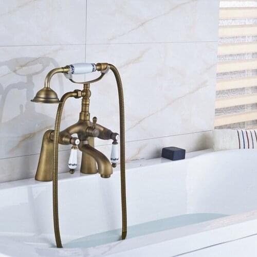 Retro Antique Brass Double Ceramic Handles Deck Mounted Bathroom Clawfoot Bathtub Tub Faucet Mixer Tap w/Hand Shower aan009