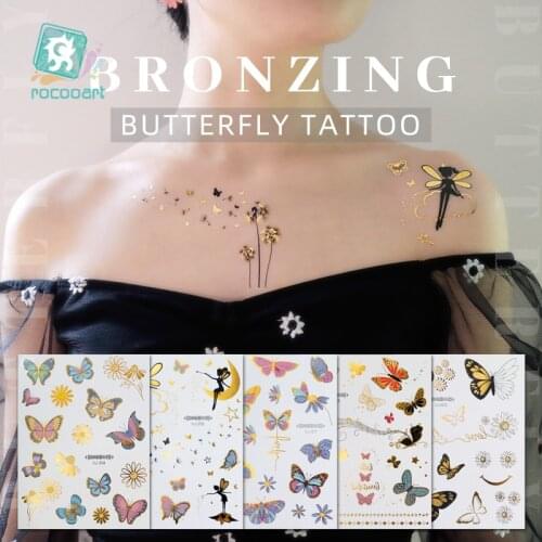 Rocooart Hot Flash Metallic Waterproof Temporary Tattoo Gold Silver Tatoo Women Henna Butterfly Taty Design Tattoo Sticker