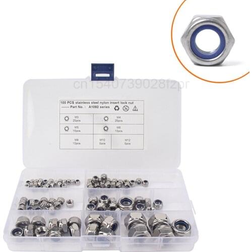 100 Boxed Stainless Steel Hexagon Nylon Lock Nuts, Anti Slip and Anti Loose Self-locking Nuts M3-m12
