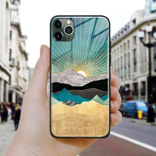 Nordic Abstract sunrise Art design Silicone Glass Phone Case Cover Shell For iPhone SE 6 6s 7 8 Plus X XR XS 11 12 Mini Pro Max