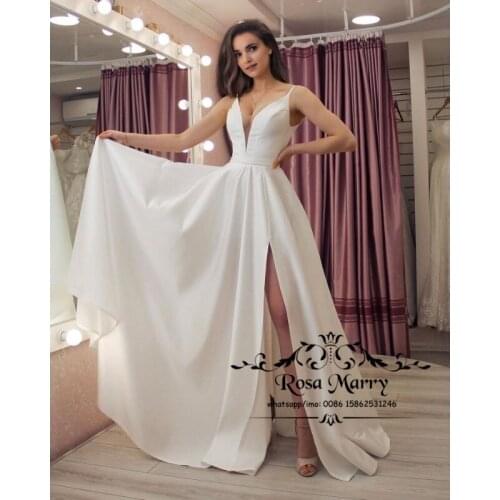 Modest Plus Size Wedding Dresses 2021 Vestido De Novia Satin High Split Country Beach Robe De Mariage Cheap Bridal Gowns