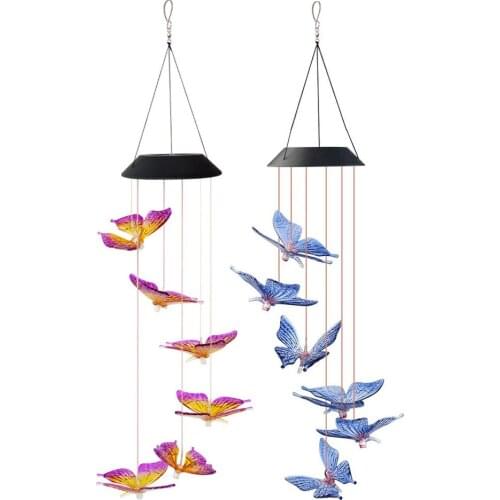 Solar Power LED Light with Hollow Butterfly Shape Wind Chime Decorative Hanging Lamps for Countryside Garden