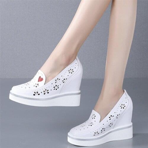 Summer Platform Pumps Shoes Women Genuine Leather Wedges High Heel Ankle Boots Female Round Toe Fashion Sneakers Casual Shoes