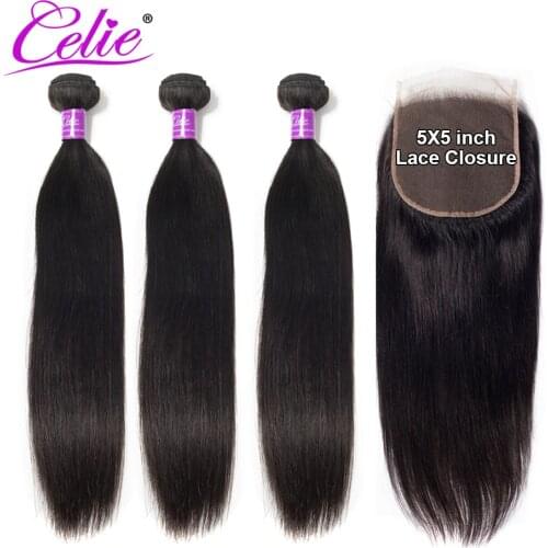 Celie Hair 5x5 Closure With Bundles Remy Human Hair 3 Bundles With Closure Brazilian Straight Hair Bundles With Closure