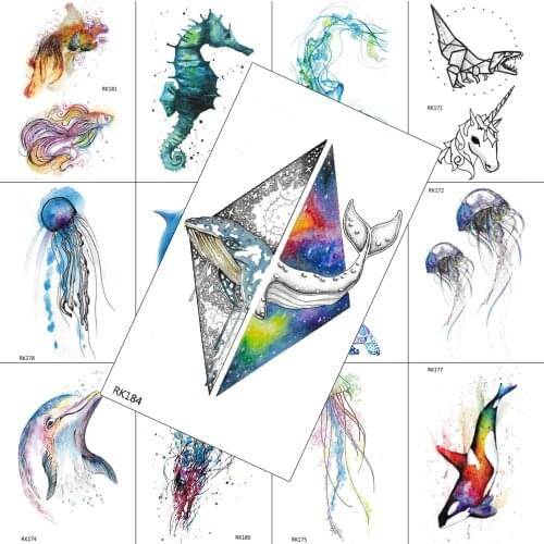 DIY Watercolor Whale Geometric Temporary Tattoo Fake Body Art Legs Chest Tattoo For Men Women Kids Tattoo Realistic Sheets Decal