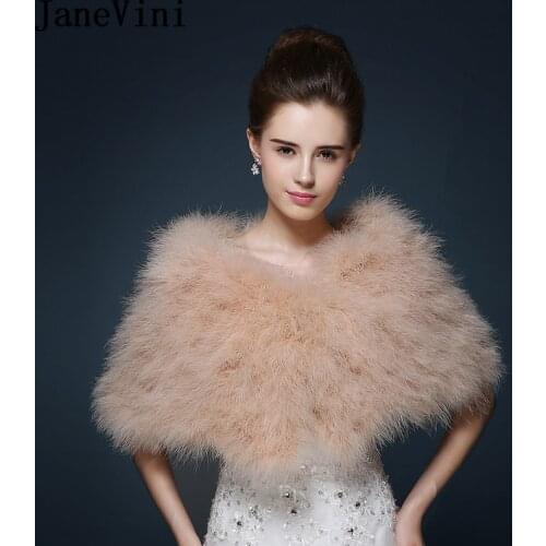 JaneVini Ostrich Feather Bridal Shawls Fur Shoulder Wrap Khaki White Winter Faux Fur Wedding Cape Dress Evening Etole Fourrure