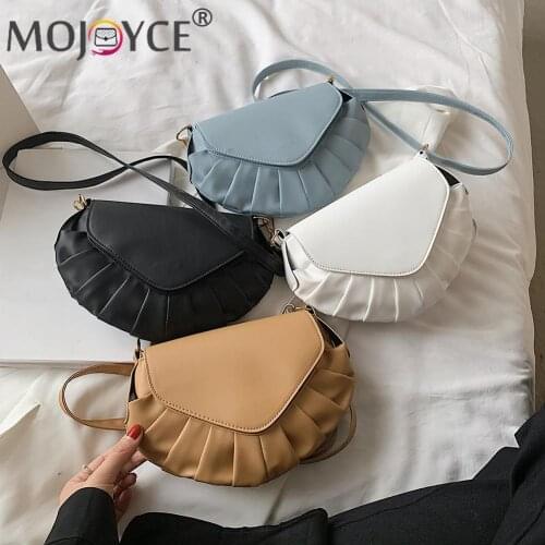 Women Pleated Semicircle Shoulder Crossbody Bag Fashion Pure Color PU Flap Purse Summer Shoulder Bag for Women Wallet Phone