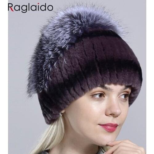 Women Winter Fur Hat Rex Rabbit Knitted Fox Pompom Beanies Female Warm Bonnet Stylish Cap