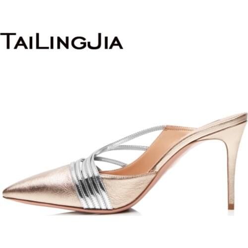 Women Pointed Toe High Heels Mules Pumps Party Shoes Stiletto Elegant Gold PU Leather Strap Slip On Fashion Hotsale 2019 Ladies
