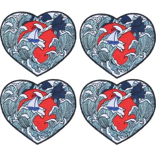 2PCS Van Gogh Patch Badges Iron on Patches for Clothes Heart Shape Embroidery Applique Waves Clothes Sticker DIY Sewing Supplies