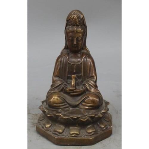 5" Marked Chinese Bronze Dragon Phoenix Kwan-yin Guanyin Hold Vase Lotus Statue