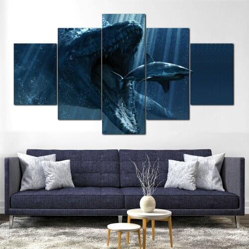 5 Piece Animal Posters Modular Prehistoric Animal Shark Blueness Wall Art Canvas Paintings Wall Decorations for Living Room