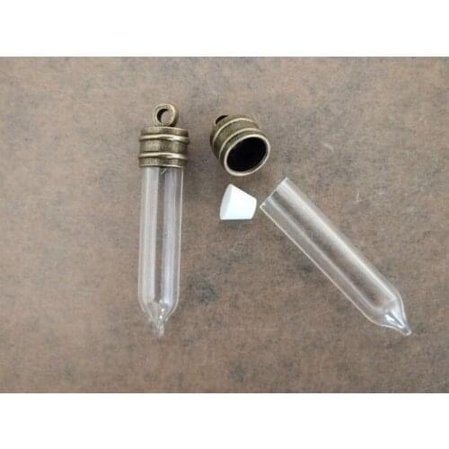 Free ship!! 36x6mm Bullet shaped hollow glass pendant ,Antique cap Handmade glass vial necklace