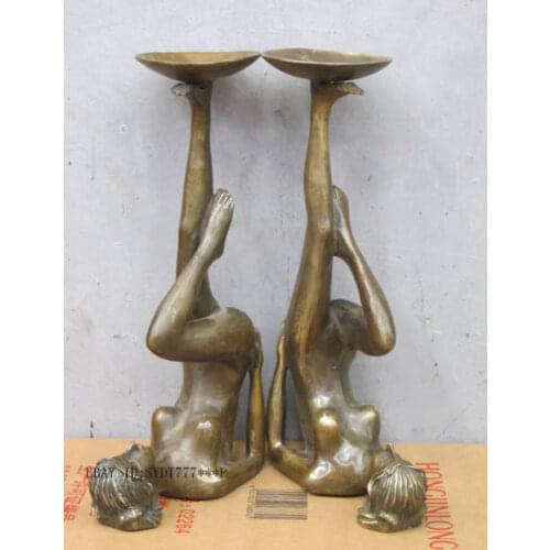 15" Western Art Bronze Copper sculpture pretty legs Nude Sexy belle candlestick 2 Garden Decoration 100% real Brass Bronze