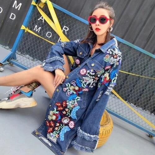 Cakucool New Florals Embroidery Denim Coat Ripped Holes Retro Long Jacket Loose Slim Streetwear Jeans Coat Jaqueta Femme