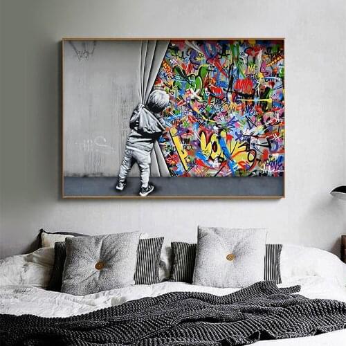Kids Lover Behind The Curtain Graffiti Art Painitngs on the Wall Art Posters and Prints Modern Street Art Pictures Home Decor