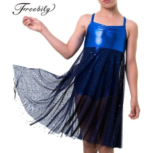 Kid Teens Glossy Shiny Sequins Mesh Ballet tutu Dress Girls Dance Gymnastics Leotards Lyrical Contemporary Ballet Dance Costums