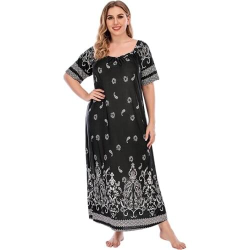 DOIB Print Homewear Women Black Large Size Sleepwear Dress Loose Plus Size Nighgowns Summer Dress 4XL