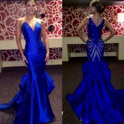 Elegant Royal Blue Evening Gowns Sheer Neck Sleeveless Satin Mermaid Prom Dresses Back Sequined Miss USA Pageant Party Dress