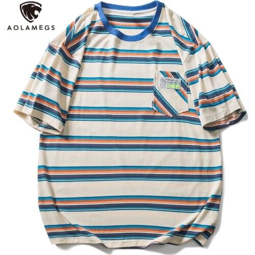 Aolamegs Mens T-Shirts Harajuku Oversized T-shirt Striped Hit Color Short Sleeve Tops Tee Shirt Summer Casual Streetwear Unisex